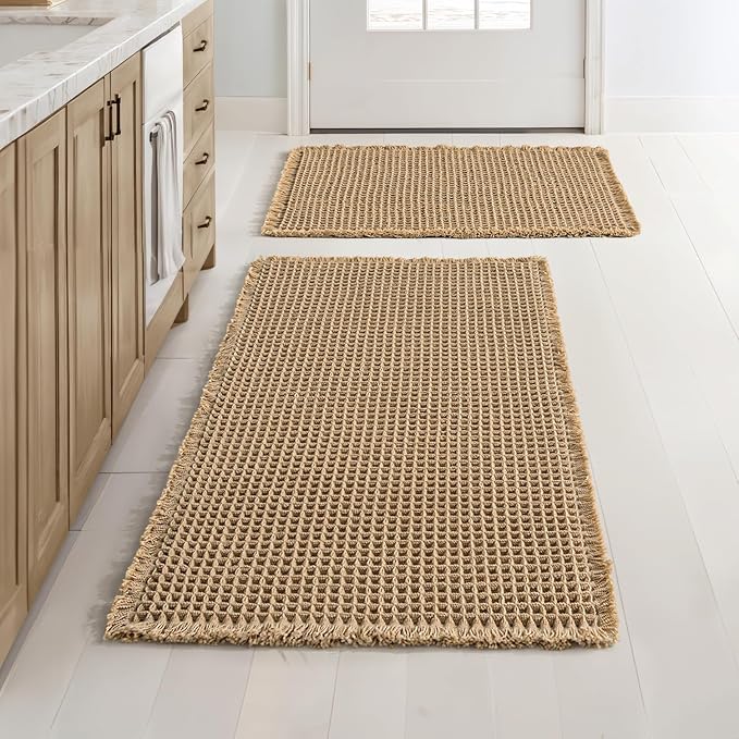 MIULEE Set of 2 Waffle Bathroom Rugs Boho Bath Mat Brown 17"x24"+20"x32" | Non Slip, Super Absorbent, Washable, Ultra Soft, Rubber Backed Bath Rugs for Bathroom Floor Tub Shower