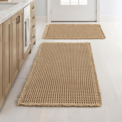 MIULEE Set of 2 Waffle Bathroom Rugs Boho Bath Mat Brown 17"x24"+20"x32" | Non Slip, Super Absorbent, Washable, Ultra Soft, Rubber Backed Bath Rugs for Bathroom Floor Tub Shower