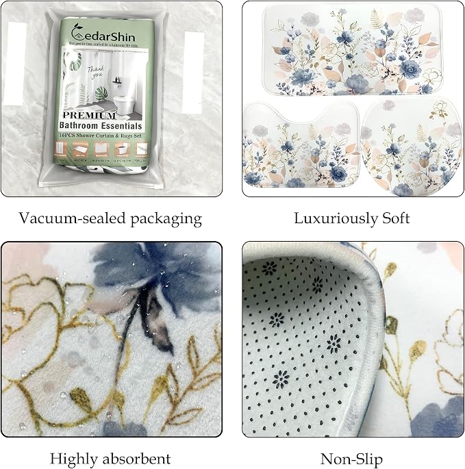 16 Pcs Blue Floral Flower Shower Curtain set, 72Wx72H Inch Watercolor Pastel Plant Complete Bathroom Set Non-Slip Bath Rug Toilet Lid Cover and U Shape Mat Accessories 12 free Hooks Bathoom Decor