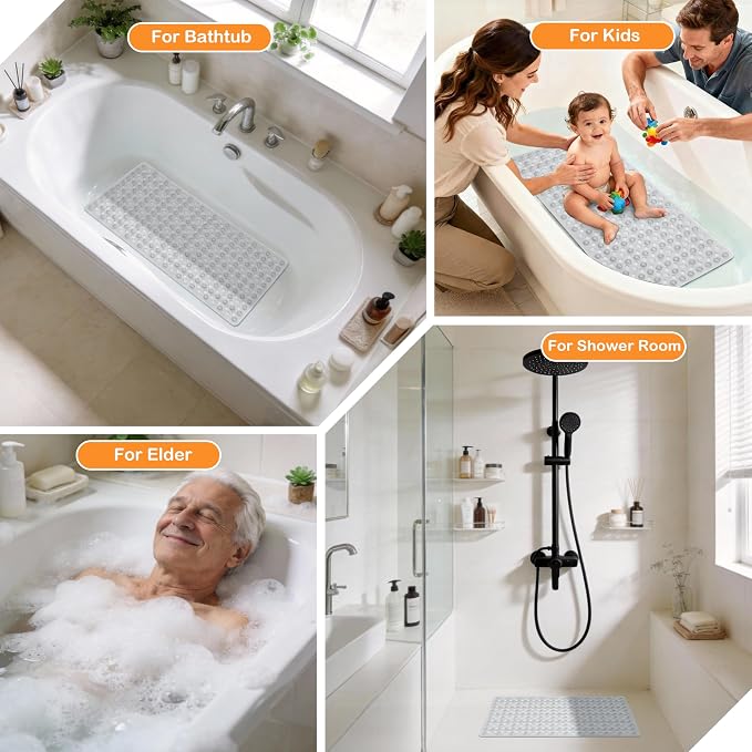 Yimobra Bathtub Mat Non Slip, 27.5"X15.5" Machine Washable Shower Floor Mat, Soft on Feet, Bath Mat with Drain Holes and Suction Cups, Bathroom Essentials, Clear