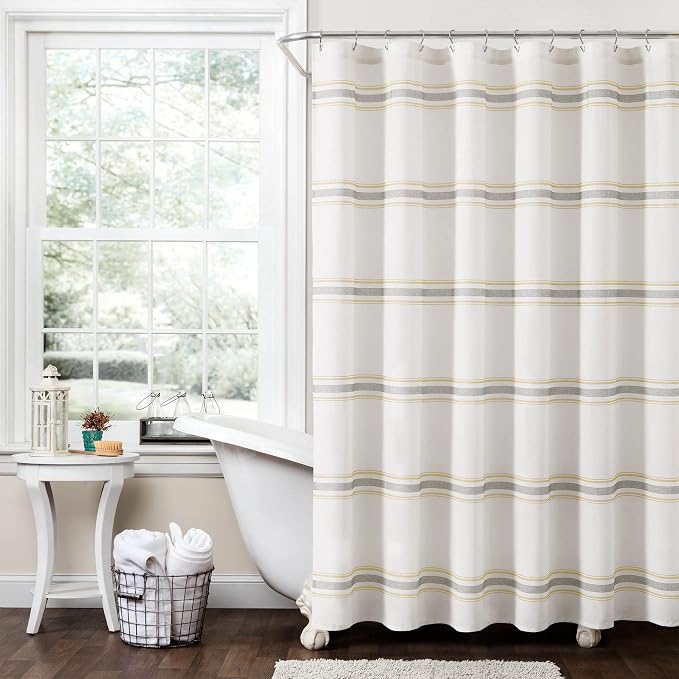 Lush Decor Farmhouse Stripe Cotton Shower Curtain, 72" W x 72" L, Yellow & Gray - Striped Bathroom Curtain - Fabric Shower Curtains - Farmhouse Bathroom Decor