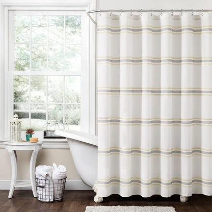 Lush Decor Farmhouse Stripe Cotton Shower Curtain, 72" W x 72" L, Yellow & Gray - Striped Bathroom Curtain - Fabric Shower Curtains - Farmhouse Bathroom Decor