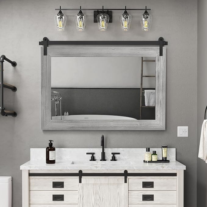 COGOOD Farmhouse Bathroom Mirrors for Over Sink - 30 x 41 Grey | Rustic Barn Door Wood Framed Vanity Mirror for Entryway, Living Room, Bedroom, Dresser Wall Decor