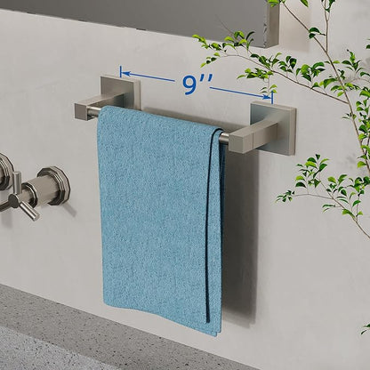 RUACQ Hand Towel Holder, 9 Inch Hand Towel Bar for Bathroom Wall Mounted, 304 Stainless Steel Towel Rack with Square Base(Brushed Nickel)