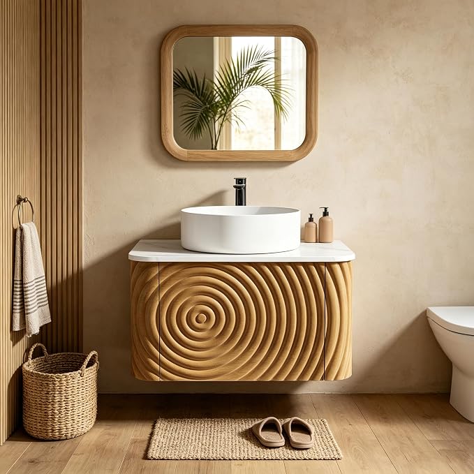 24" Floating Bathroom Vanity with Sink, Mid-Century Wall Mounted Bathroom Vanity Cabinet with Waved Decor, Ceramic Vessel Basin, Sintered Stone Top, Soft Close Storage Drawer, Natural