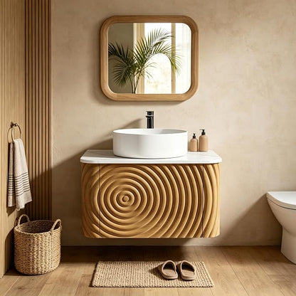 24" Floating Bathroom Vanity with Sink, Mid-Century Wall Mounted Bathroom Vanity Cabinet with Waved Decor, Ceramic Vessel Basin, Sintered Stone Top, Soft Close Storage Drawer, Natural