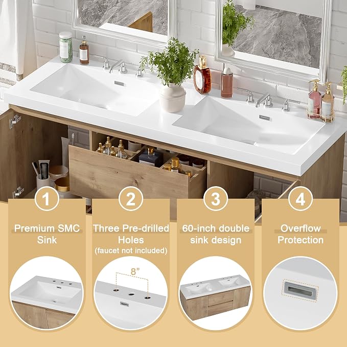 SOFTSEA 60" Double Sink Bathroom Vanity, Floating Bathroom Cabinet with 2 Storage Drawers & Soft Close Doors, Modern Wall Mounted Double Vanity with SMC Sink, Wood