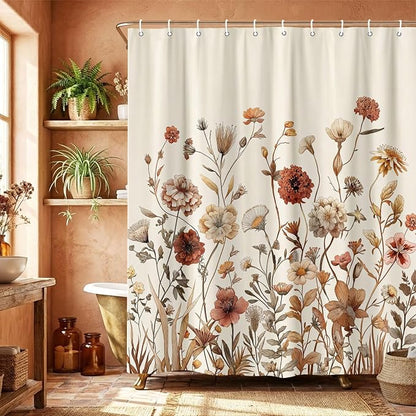 Vintage Boho Beige Floral Shower Curtain, Brown Cream Tan Rustic Farmhouse Flower Shower Curtain Set, Cute Botanical Wlidflowers Fabric Shower Curtains Decoration, 60X72 Aesthetic Bathroom Accessories