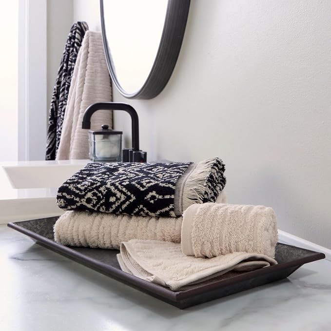 SKL Home CloudSoft/Nador Bath Towel Set-6pc, 100% Cotton, Oatmeal/Black | 2 Bath towels, 2 hand towels, 2 washcloths. 600 GSM. Soft & absorbent, reversible jacquard. Premium spa-level quality.