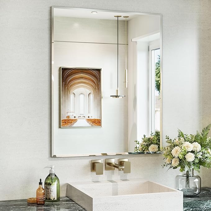 Frameless Beveled Bathroom Wall Mirror, 24"x30" Rectangle Bathroom Wall Mirror with Tempered Glass for Over Sink, Bedroom, Living Room, Vanity, Hangs Horizontally or Vertically