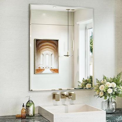 Frameless Beveled Bathroom Wall Mirror, 24"x30" Rectangle Bathroom Wall Mirror with Tempered Glass for Over Sink, Bedroom, Living Room, Vanity, Hangs Horizontally or Vertically