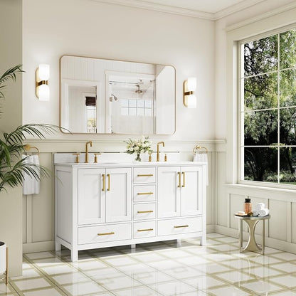 60-Inch Bathroom Vanity with Sink, 4 Soft-Close Doors and 6 Soft-Close Drawers, Bathroom Freestanding Vanity with Cultured Marble Countertop, White Vanity W/Gold Handles