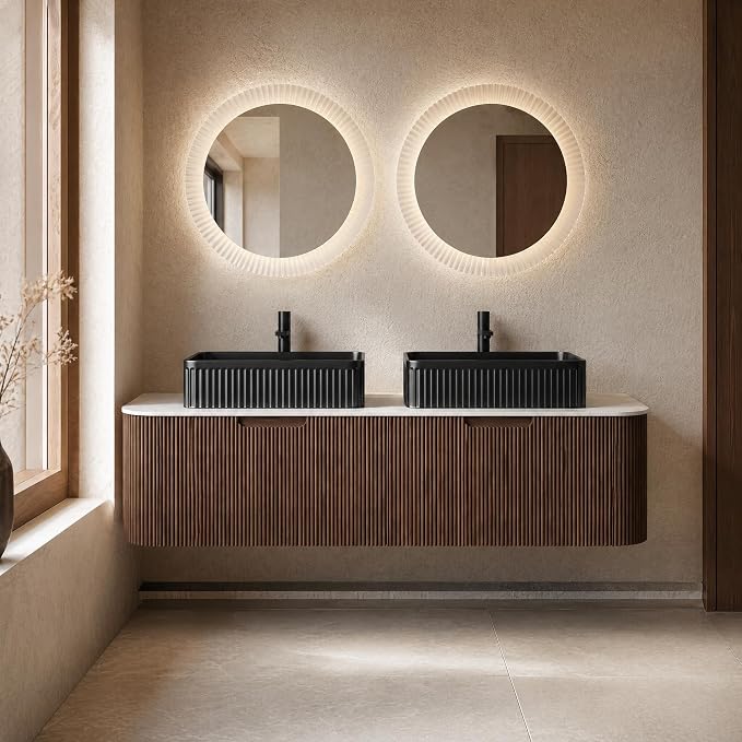 60 Inch Double Sink Bathroom Vanity, Floating Wall Mounted Cabinet, Dark Walnut Curved Fluted Front, Stone Top, Dual Black Textured Rectangular Vessel Basins, Pre-Assembled