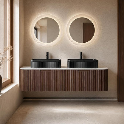 60 Inch Double Sink Bathroom Vanity, Floating Wall Mounted Cabinet, Dark Walnut Curved Fluted Front, Stone Top, Dual Black Textured Rectangular Vessel Basins, Pre-Assembled