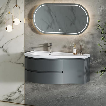 KunMai 35.4" Modern Floating Bathroom Vanity with Sink, Wall Mounted Stone Resin Top Vanity Cabinet with Storage Drawers & Door, White Wall Hung Vanity for Small Bathrooms