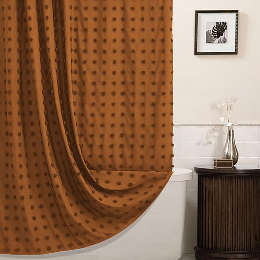 Extra Long Boho Farmhouse Shower Curtain Woven Fabric Pumpkin Orange Shower Curtain, 72 x 78 Tufted Pleat Floral Puffs Textured Modern Farmhouse Minimalist Shower Curtain Set with Hooks for Bathroom