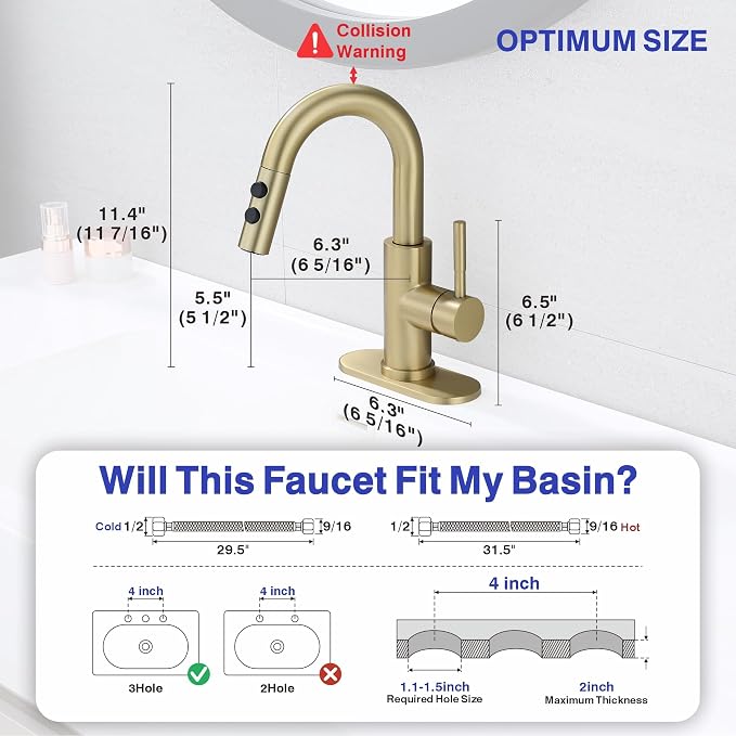 Bathroom Faucet with Sprayer, Brushed Gold Single Hole with Pop-Up Drain | Kablle Single Handle Pull Out 1 or 3 Hole Laundry Bar Basin Faucet with Deck Plate, KBL-7002BG-CL