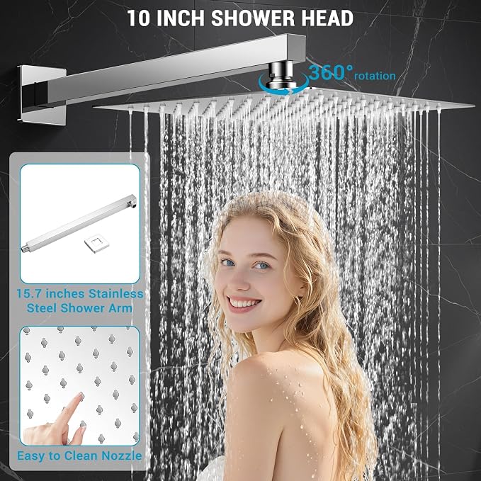 10" Square Rain Shower Faucet Set, Wall Mount, Chrome | 304 SS, air tech boosts pressure 50%, dual spray, anti-fingerprint