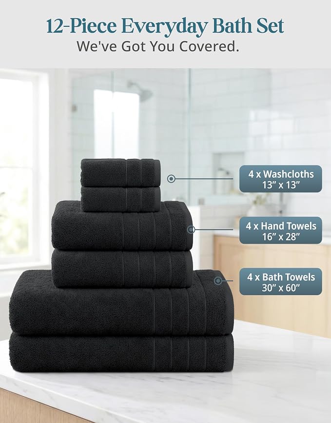 Casa Platino Towel Set Soft Absorbent Quick Dry 100% Cotton - Black | Towels And Washcloths Sets - Lightweight & Breathable, Fade-Resistant Color, Classic Terry Weave, Densely Woven