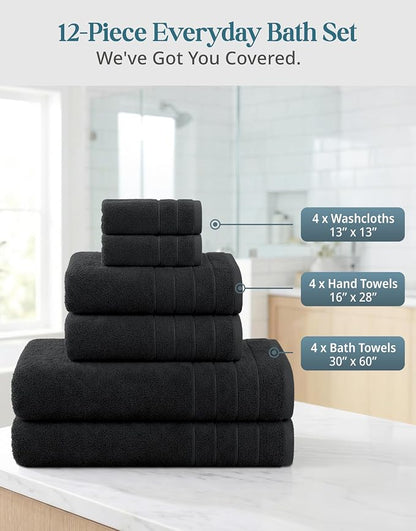 Casa Platino Towel Set Soft Absorbent Quick Dry 100% Cotton - Black | Towels And Washcloths Sets - Lightweight & Breathable, Fade-Resistant Color, Classic Terry Weave, Densely Woven