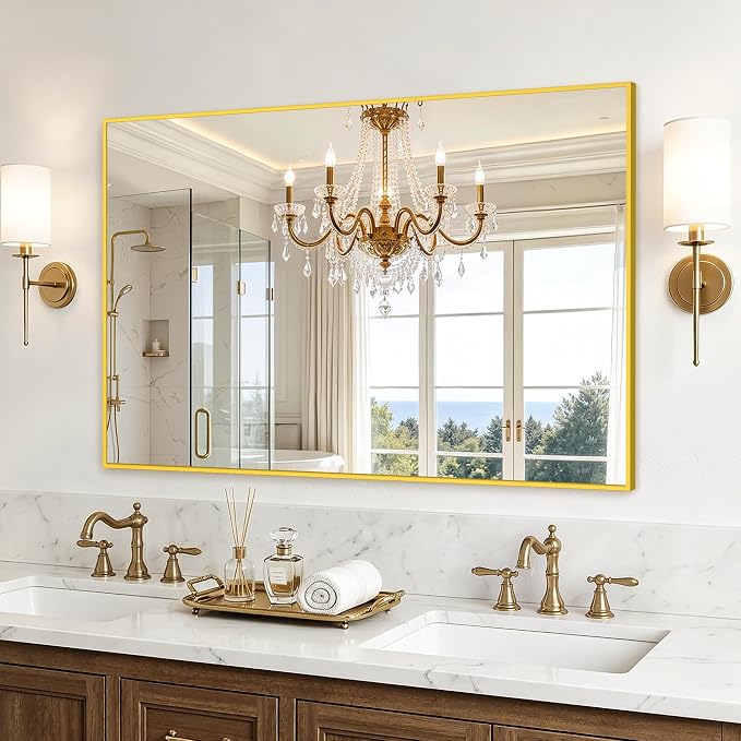 Bathroom Vanity Mirror for Over Sink, 48x30 Inch Matte Gold Mirror | Shatterproof Tempered Glass, Anti-Rust Metal Frame, Rectangle Wall Mirrors for Bedroom, Living Room & Entryway