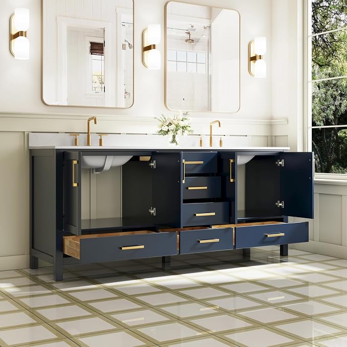 80-Inch Bathroom Vanity with Sink, 4 Soft-Close Doors and 6 Soft-Close Drawers, Bathroom Freestanding Vanity with Cultured Marble Countertop, Navy Blue Vanity W/Gold Handles