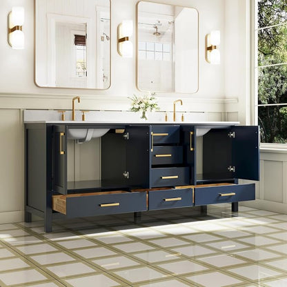 80-Inch Bathroom Vanity with Sink, 4 Soft-Close Doors and 6 Soft-Close Drawers, Bathroom Freestanding Vanity with Cultured Marble Countertop, Navy Blue Vanity W/Gold Handles