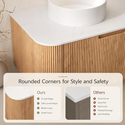 36 Inch Bathroom Vanity with Sink, Floating Wall Mounted Single Sink Vanity, Natural Woodgrain Curved Fluted Front, Stone Top, Pure White Round Vessel Basin, Pre-Assembled