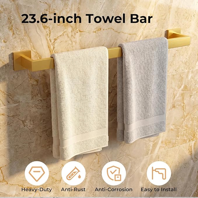 5-Piece Bathroom Hardware Set, 23.6 Inch Towel Bar Set SUS304 Stainless Steel Towel Racks for Bathroom Round Towel Bar, Towel Ring, Toilet Paper Holder, 2 Robe Hooks, Wall Mounted (Brushed Gold)
