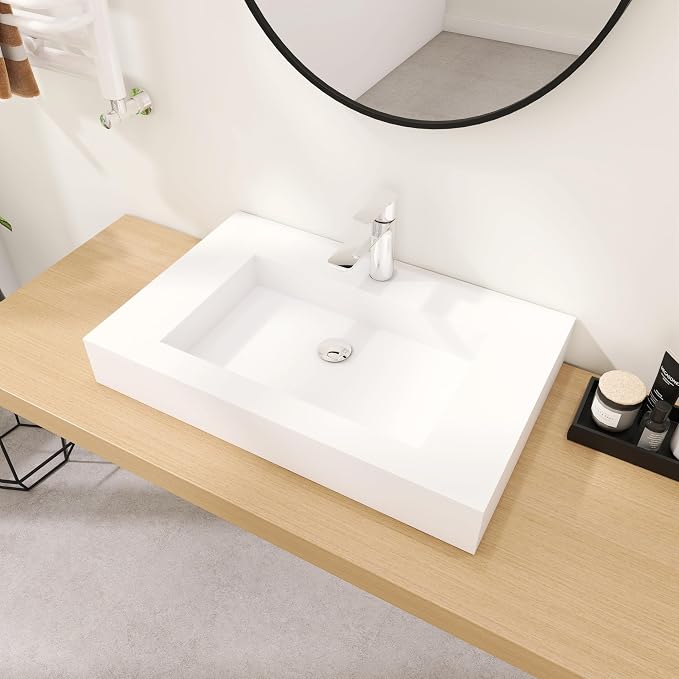 SJ Star&Jane 29" x 19" in Solid Surface Bathroom Sink, Wall-Mount or Countertop Vessel Sink, Rectangle Floating Vanity Sink, Pre-installed Faucet Holes, Durable Modern Design
