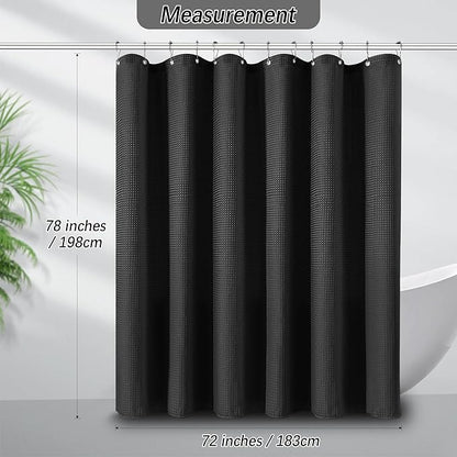 Shower Curtain Black Waffle Textured, 256GSM Heavy Duty Weighted Fabric Shower Curtains, Hotel Quality Luxury Polyester Water Repellent Bathroom Curtain with 12 Hooks, 72Wx78H