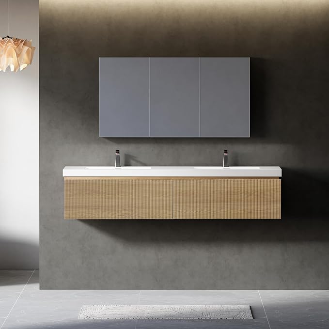 72" Floating Bathroom Vanity with Double Sink, Wall-Mounted Modern Oak Storage Cabinet, Wave-Textured Soft-Close Drawer & Glossy White Solid Surface Basin, Natural Oak