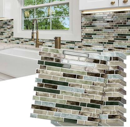 10 Sheets Thick Peel and Stick Kitchen Backsplash Tiles | 3D Waterproof Self Adhesive Wall Tile Stick on Backsplash for Kitchen,Bathroom and Fireplace(Mixed Green,12"×12")