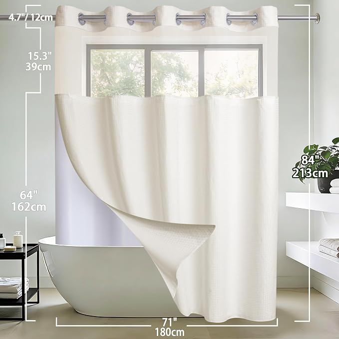 Conbo Mio Extra Long No Hook Waffle Weave Shower Curtain with Snap in Liner Set, Hotel Luxury Beige Shower Curtains for Bathroom with See Through Top Window, Waterproof, Washable 71W x 84H