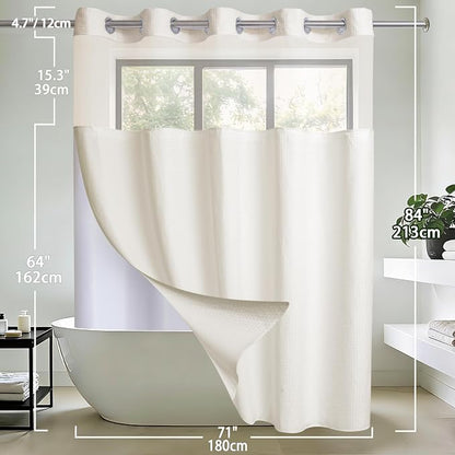 Conbo Mio Extra Long No Hook Waffle Weave Shower Curtain with Snap in Liner Set, Hotel Luxury Beige Shower Curtains for Bathroom with See Through Top Window, Waterproof, Washable 71W x 84H