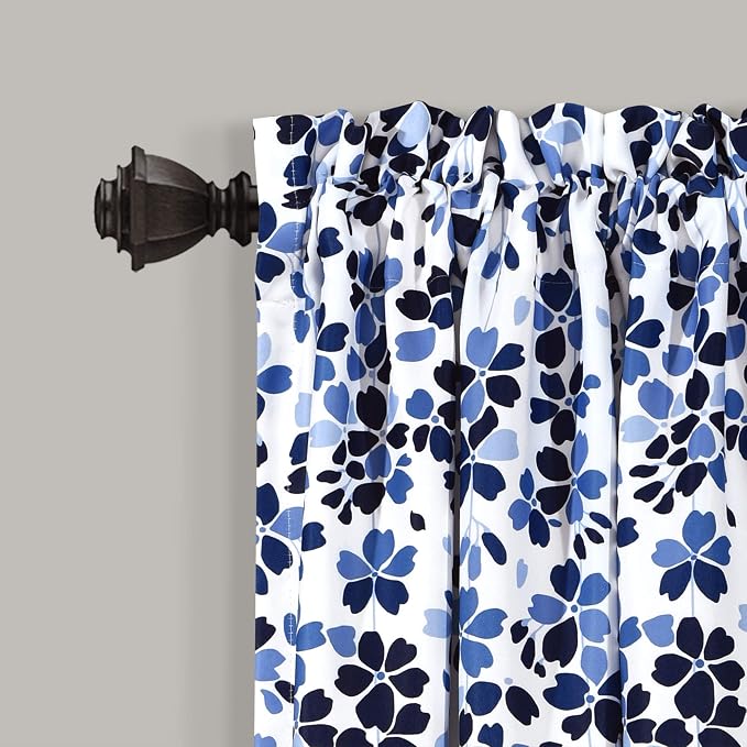Lush Decor Weeping Flower Light Filtering Window Curtain Panels, Pair, 52"W x 63"L + 2" Header, Navy & Blue - Charming Modern Floral Curtains for Living Room, Dining Room, & Bedroom