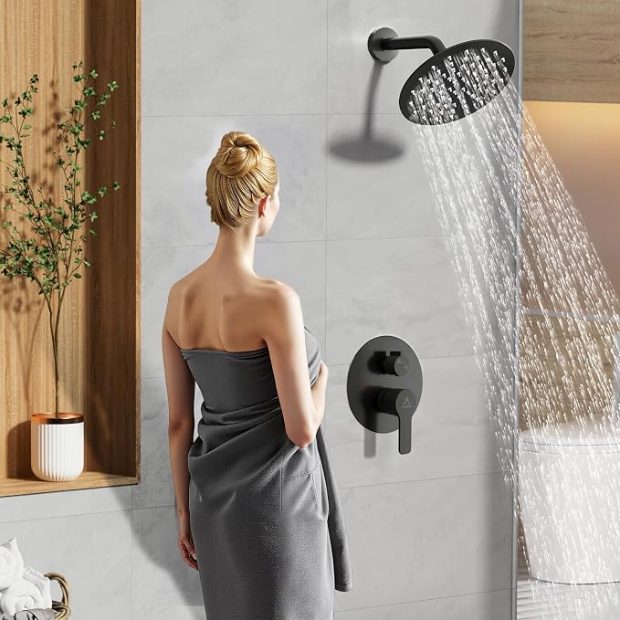 Shower Faucet Set 8IN Brass Rough-In Valve Body Trim Kit Rainfall Included Handle Accessories Complete 2 Functions with Rain Head and Handheld Bathroom Systems (8 Inch Matte Black)