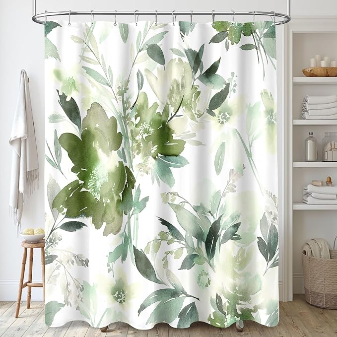Extra Long Shower Curtain 72 x 84 Inch, Tall Olive Green Floral Decor | Watercolor Floral Modern Abstract Flower Bathroom Fabric Shower Curtain Set with Hooks