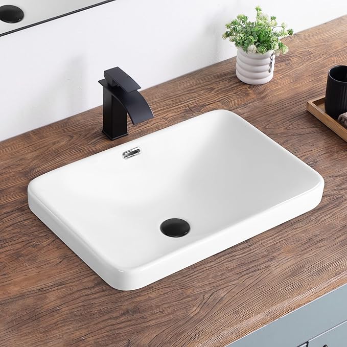Bathroom Vessel Sink 23.2" X 15.5" Semi Recessed Bathroom Sink Rectangular Drop In Bathroom Sinks with Overflow White Ceramic Vessel Sinks for Bathroom Modern Above Counter Basin Vanity Sink