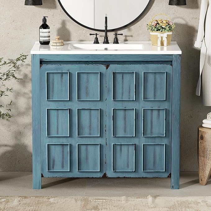 36" Bathroom Vanity Organizer with Ceramic Sink, Set Bathroom Storage Cabinet, Retro Blue