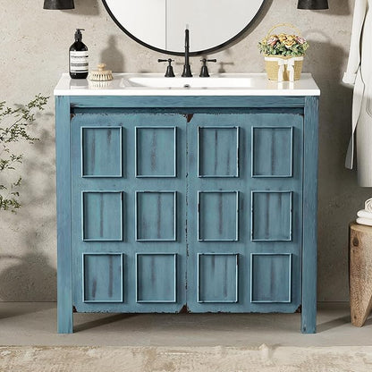 36" Bathroom Vanity Organizer with Ceramic Sink, Set Bathroom Storage Cabinet, Retro Blue