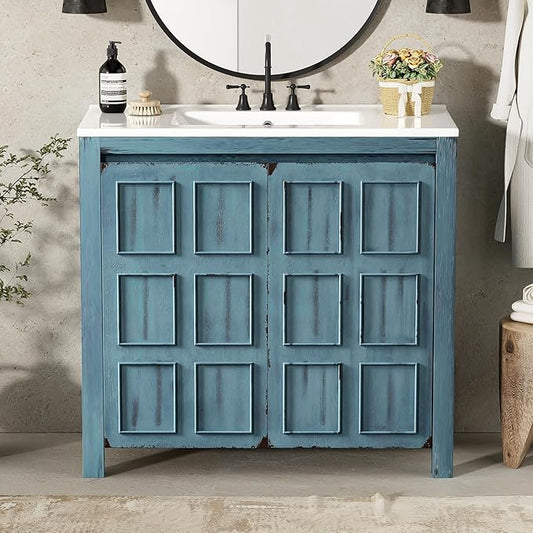 36" Bathroom Vanity Organizer with Ceramic Sink, Set Bathroom Storage Cabinet, Retro Blue