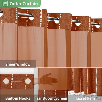 eachope Long No Hook Shower Curtain with Snap-in Fabric Liner,71x80,Orange | 330GSM Thick Linen Textured Striped,Boho Farmhouse Rustic Luxury Bathroom Curtain with Tassels,Mesh Window,Water-Repellent