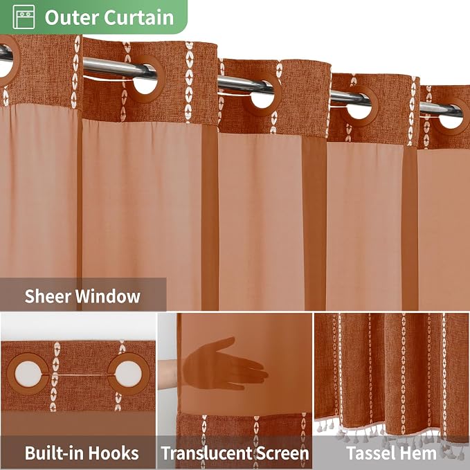 eachope Boho Farmhouse No Hook Shower Curtain with snap Liner,71x74,Orange | Snap-in Liner,330GSM Thick Linen Textured Rustic Striped Design,Water-Repellent with Tassels and Sheer Window for Bathroom
