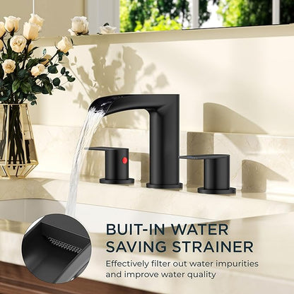 FORIOUS Bathroom Sink Faucet, Black Waterfall Bathroom Faucet Widespread 8 Inch 3 Hole with Pop-Up Drain and Water Supply, All-Metal Construction and Two Handle for Vanity, Lavatry, Farmhouse