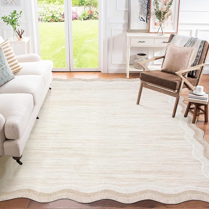 Garvee Scalloped 10x13 Area Rugs for Living Room Neutral Solid Rug | Large Washable Rugs, Stain Resistant Non Slip Floor Mat Carpet Indoor Accent Rug for Bedroom Dining Room Playroom Home Decor