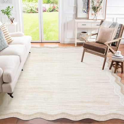 Garvee Scalloped 8x10 Rugs Washable Area Rugs for Living Room Cream | Rugs for Living Room, Non-Slip Soft Carpet for Bedroom, Scalloped Low-Pile Solid Rug Accent Rug for Dining Room Home Office