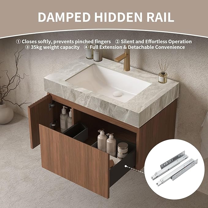 Bathroom Vanity with Sink 30 Inch, Floating Bathroom Vanity Sink Cabinet with Drawer and Door, Undermount Sink & Light Gray Sintered Stone Top, Pre-Assembled,Brown Oak