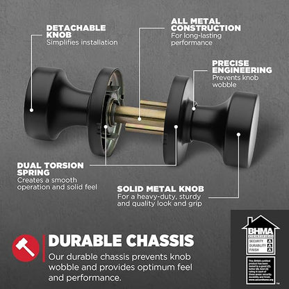 Kwikset Pismo Interior Passage Door Knob, Handle for Closet and Hallway Doors, Non-Locking Doorknob in Matte Black, with Microban Protection (Pack of 10)