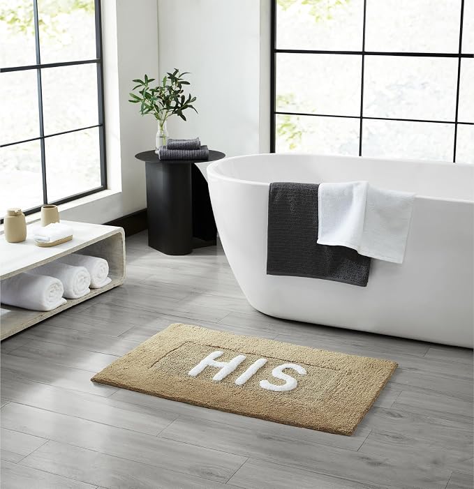 Cotton Bath Rug - Soft Cotton Bath Mat - Bathroom Decor - Water Absorbent and Machine Washable - Measures 21"x34" - His- Linen